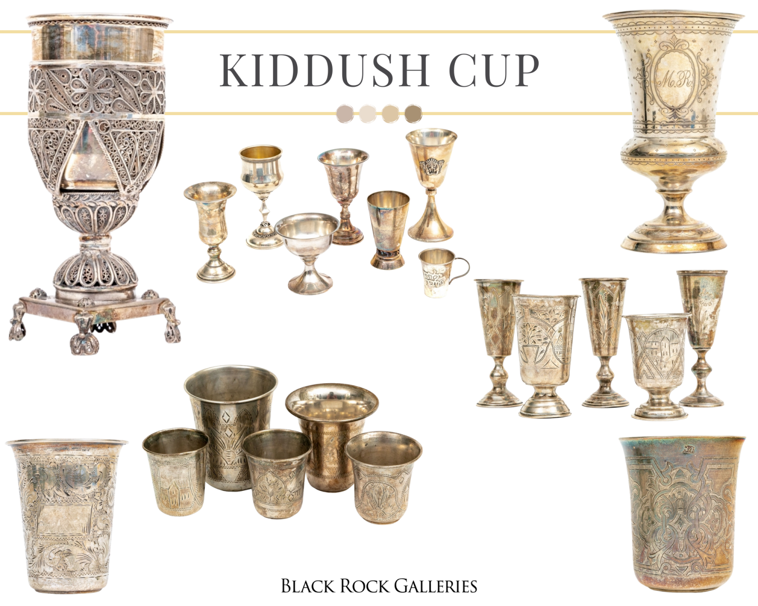 Sterling silver and fine silver Kiddush cups are part of the Miriam and Rabbi Robert Rothman Judaica collection